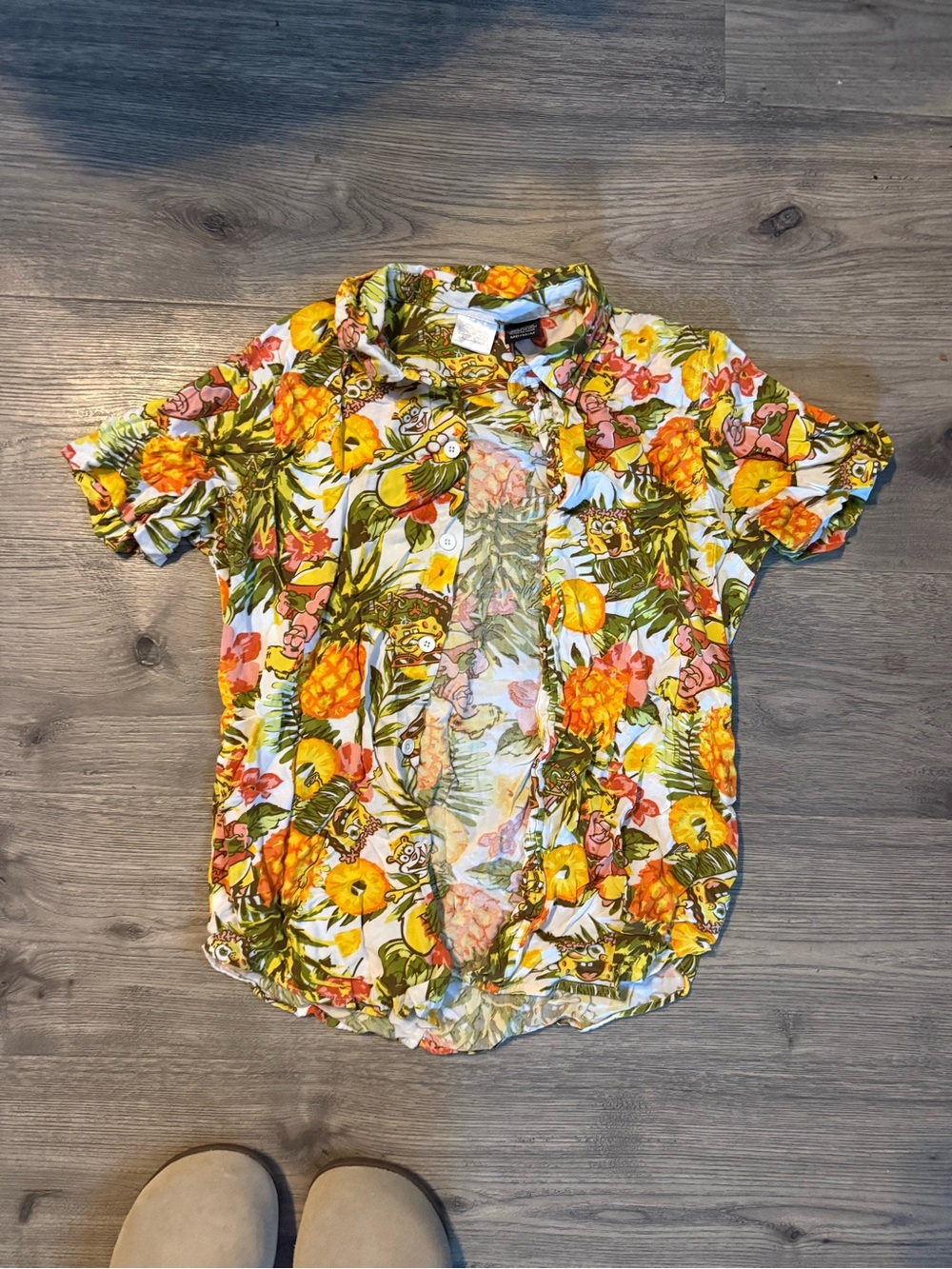 SpongeBob Squarepants Yellow Green Pink Tropical Button-Down Shirt